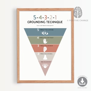 Grounding technique print, 54321 grounding exercise, 5 senses mindfulness, mental health, CBT, counsellor office decor, therapy office 0013