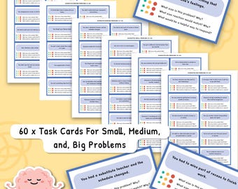 May include: A set of 60 task cards designed for discussing small, medium, and large problems. The cards pose questions about problem size, reactions, and solutions. The image includes a cartoon brain and text: "You accidentally said something that hurt someone's feelings."