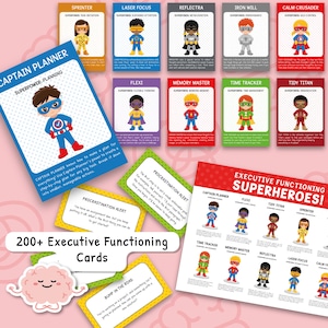 Kaarten executieve functies, 200 denkvaardigheden superhelden, kaartspel ADHD-superkrachten, hulpmiddelen voor autisme, ADHD dagelijkse vaardigheden 0037