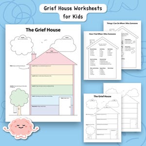 Peut inclure: Ensemble de feuilles de travail imprimables pour enfants, intitulées "Grief House Worksheets for Kids". La feuille de travail principale est un diagramme de maison avec des sections intitulées "Murs", "Toit", "Jardin" et "Sous-sol". D'autres feuilles incluent "How I Feel When I Miss Someone."