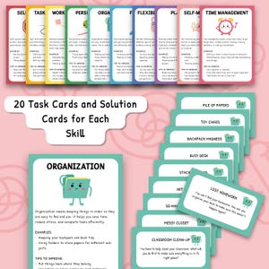 May include: A set of 20 colorful task cards with illustrations and text. The cards are designed to help students learn and improve skills such as self-management, organization, flexibility, and time management. Each card features a different skill and includes examples, tips to improve, and a visual representation of the skill.