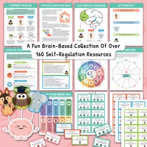 May include: A collection of educational resources for self-regulation, featuring colorful charts, cards, and character cutouts. The materials include text such as "Flipping Your Lid" and "3 Key Parts of Your Brain". The collection is designed for learning and self-reflection.