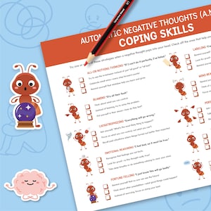 Puede incluir: Una hoja de trabajo titulada "Automatic Negative Thoughts (A.N.) Coping Skills" con hormigas de dibujos animados que ilustran estrategias de afrontamiento. Un l&aacute;piz descansa sobre la p&aacute;gina. Tambi&eacute;n hay un cerebro de dibujos animados y una hormiga con una bola de cristal.