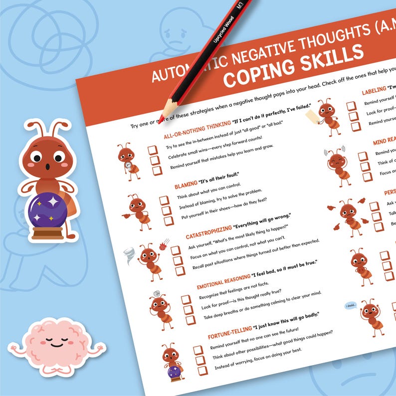 Puede incluir: Una hoja de trabajo titulada "Automatic Negative Thoughts (A.N.) Coping Skills" con hormigas de dibujos animados que ilustran estrategias de afrontamiento. Un l&aacute;piz descansa sobre la p&aacute;gina. Tambi&eacute;n hay un cerebro de dibujos animados y una hormiga con una bola de cristal.