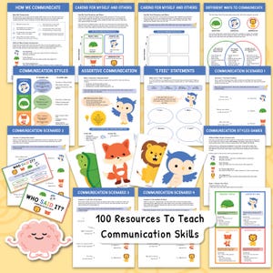 Op de afbeelding: Een verzameling educatieve hulpmiddelen voor het aanleren van communicatievaardigheden. De afbeelding toont diverse kleurrijke werkbladen, kaarten en illustraties met tekst als "Hoe we communiceren" en "Assertieve communicatie". De tekst "100 Hulpmiddelen om Communicatievaardigheden te Leren" is ook zichtbaar.
