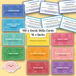 Pu&ograve; includere: Un set di 100 carte di abilit&agrave; sociali, organizzate in 10 mazzi. Le carte presentano design e testi colorati, che coprono argomenti come conversazioni, fare amicizia e comprendere le emozioni. Le carte sono progettate per aiutare con la risoluzione dei problemi sociali e l'autoregolazione.