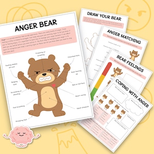 Puede incluir: Un conjunto de hojas de trabajo educativas sobre el manejo de la ira, con un oso de dibujos animados. La hoja principal, titulada "ANGER BEAR", ilustra los signos físicos de la ira. Otras hojas incluyen "Draw Your Bear", "Anger Matching", "Bear Feelings" y "Coping with Anger".