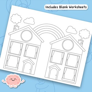 May include: Black and white line art of two houses with a rainbow and clouds, suitable for coloring. The image includes the text "Includes Blank Worksheets". A cartoon brain is in the lower left corner.