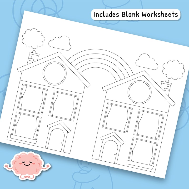 May include: Black and white line art of two houses with a rainbow and clouds, suitable for coloring. The image includes the text "Includes Blank Worksheets". A cartoon brain is in the lower left corner.