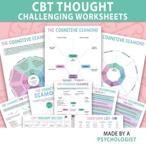 Op de afbeelding: Een verzameling CBT-werkbladen voor het uitdagen van gedachten, waaronder The Cognitive Diamond, CBT Diamond Example, Cognitive Distortions Checklist, CBT Thought Record en Emotions List. De documenten gebruiken pastelkleuren en duidelijke koppen.