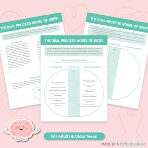 May include: Three white printed pages titled "The Dual Process Model of Grief" with teal accents. The pages include text and diagrams about grief. The bottom of the image reads "For Adults & Older Teens" and "Made by a Psychologist."