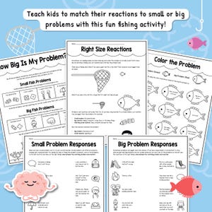 Puede incluir: Hojas de trabajo imprimibles educativas para niños para aprender a relacionar las reacciones con los problemas. Las hojas de trabajo incluyen ilustraciones de peces, redes y escenarios de resolución de problemas. El texto incluye "Right Size Reactions".