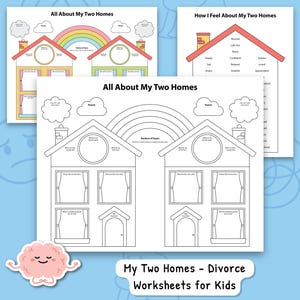 Two Homes CBT Worksheets, Kids Divorce Coping Skills, Two Houses Blended Families, Kids Coping with Separation, Mom&#39;s House Dad&#39;s House 0040