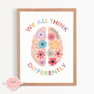 Neurodiversity brain poster, we all think differently, neurodivergent, counsellor office decor, therapy office, therapist PDF JPEG 0002