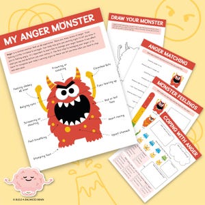 My Anger Monster, Working Through Anger Worksheets, Emotional Regulation, Anger Management Printable for Kids and Teens, Mental Health 0036