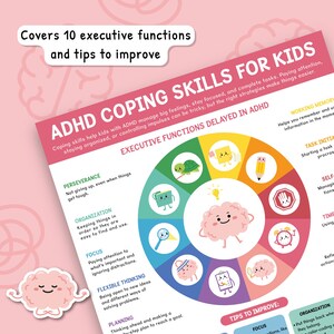Puede incluir: Una infograf&iacute;a colorida con una ilustraci&oacute;n de cerebro en el centro. La infograf&iacute;a se titula "Habilidades de afrontamiento del TDAH para ni&ntilde;os" y enumera 10 funciones ejecutivas que a menudo se retrasan en los ni&ntilde;os con TDAH. La infograf&iacute;a tambi&eacute;n incluye consejos para mejorar estas funciones.