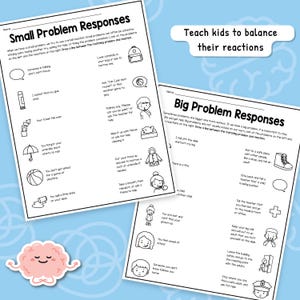 Puede incluir: Se muestran dos hojas de trabajo con los t&iacute;tulos "Respuestas a problemas peque&ntilde;os" y "Respuestas a problemas grandes". Las hojas de trabajo presentan dibujos lineales y texto para ayudar a los ni&ntilde;os a gestionar sus reacciones ante los problemas. El texto "Ense&ntilde;a a los ni&ntilde;os a equilibrar sus reacciones" est&aacute; en la parte superior.