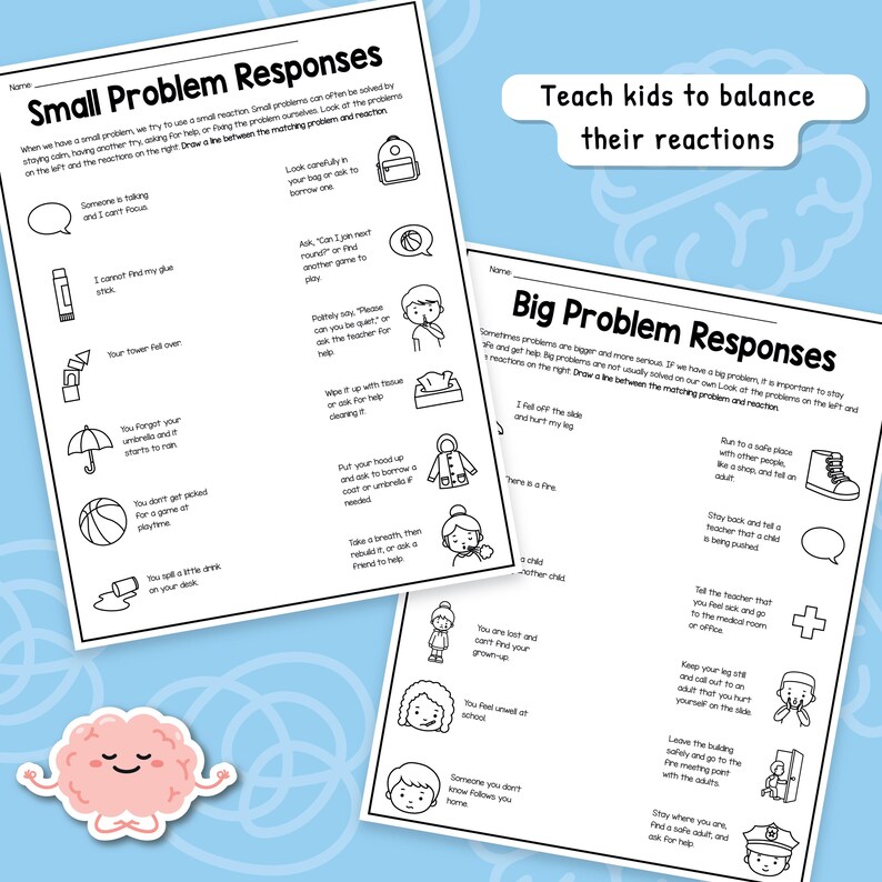 Puede incluir: Se muestran dos hojas de trabajo con los t&iacute;tulos "Respuestas a problemas peque&ntilde;os" y "Respuestas a problemas grandes". Las hojas de trabajo presentan dibujos lineales y texto para ayudar a los ni&ntilde;os a gestionar sus reacciones ante los problemas. El texto "Ense&ntilde;a a los ni&ntilde;os a equilibrar sus reacciones" est&aacute; en la parte superior.
