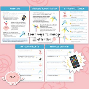 Könnte beinhalten: Ein farbenfrohes Set von Lernpostern mit dem Text "Learn ways to manage attention". Die Poster behandeln Themen wie Aufmerksamkeitsarten und Fokus-Check-ins. Illustrationen: Gehirn, Lupen und Smartphone.