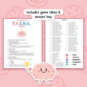 May include: A pink card game titled "T.H.I.N.K. Card Game" with game ideas and an answer key. The game features a cartoon brain character holding a lightbulb. The game's categories include True, Helpful, Inspiring, Necessary, and Kind.