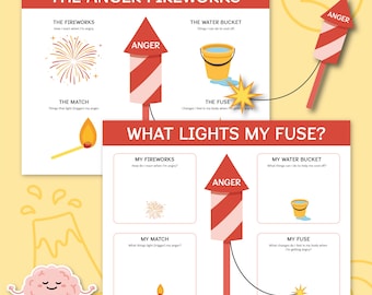 Anger Fireworks Worksheet, Anger Fuse, Anger Triggers, Anger Management Printable, Kids & Teen Anger Coping Skills, Counselor Therapist 0008