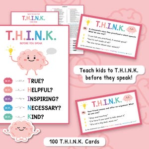 May include: Pink educational card game set with the text "T.H.I.N.K. Before You Speak." Includes cards, a poster, and a guide. The cards feature questions and scenarios to encourage thoughtful communication. The set includes 100 cards.