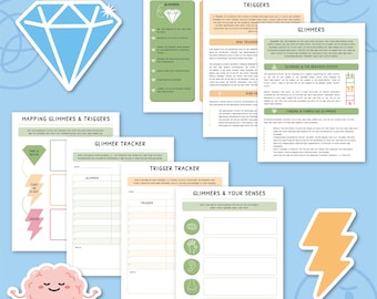 Glimmers and triggers, polyvagal theory ladder, vagus nerve, trauma therapy worksheets, trigger tracker, nervous system regulation 0017