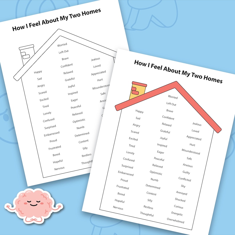 May include: Two white sheets of paper with the text "How I Feel About My Two Homes" in black. The text is arranged in the shape of a house, with a chimney. A pink brain sticker is in the lower left corner.