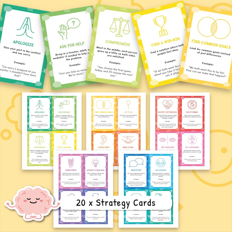 May include: A set of 20 strategy cards with colorful designs and text. Each card features a different conflict resolution strategy, such as apologizing, compromising, and finding common goals. The cards are designed to help people solve problems.