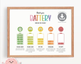 Check Your Battery Poster, Feelings Thermometer Zones of Regulation Print, Counsellor Office Decor, Calm Corner, Emotions Regulation, 0022