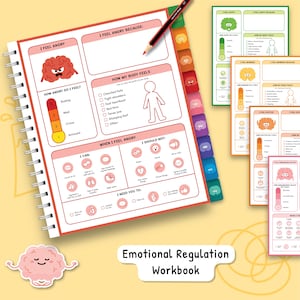 May include: A spiral-bound workbook with colorful tabs and pages designed for emotional regulation. The pages feature prompts and diagrams to help identify and manage feelings. A pencil rests on the open page, and the words "Emotional Regulation Workbook" are visible.