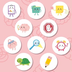 Puede incluir: Nueve iconos de dibujos animados coloridos sobre un fondo rosa. Los iconos incluyen un portapapeles, una carpeta, una nota adhesiva, una se&ntilde;al de stop, una lupa, un reloj despertador, una tortuga, un cerebro y un l&aacute;piz.
