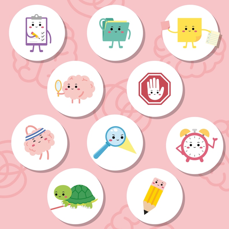 Puede incluir: Nueve iconos de dibujos animados coloridos sobre un fondo rosa. Los iconos incluyen un portapapeles, una carpeta, una nota adhesiva, una se&ntilde;al de stop, una lupa, un reloj despertador, una tortuga, un cerebro y un l&aacute;piz.