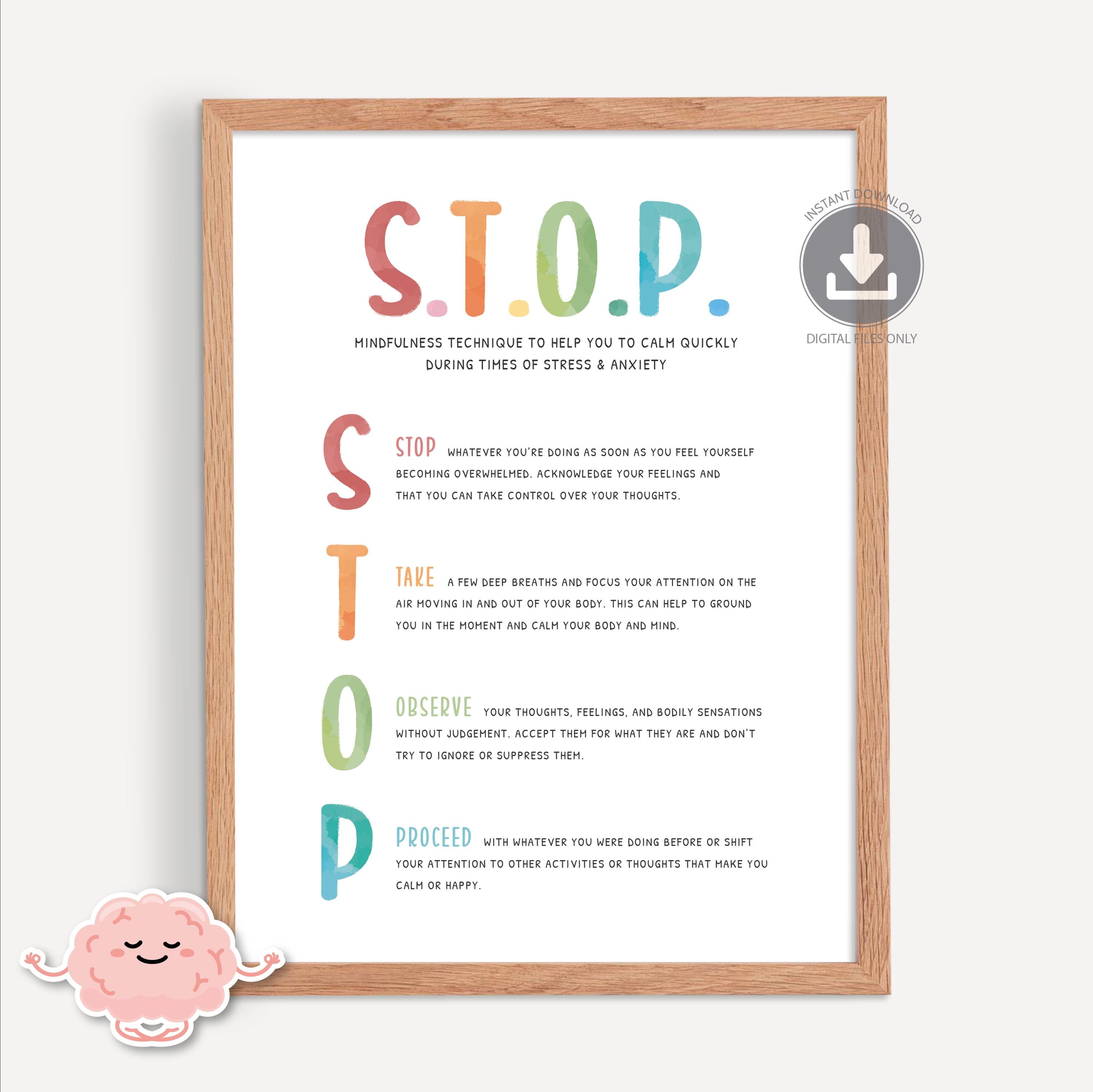 STOP Grounding Technique, Mindfulness, Anxiety and Stress Coping Skills, Calming Down Corner, Mental Health, Therapist Office Decor DBT 0032