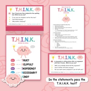 May include: Educational game cards with the text "T.H.I.N.K." and a cartoon brain. The cards pose questions and scenarios to encourage thoughtful communication. The cards are pink and white.