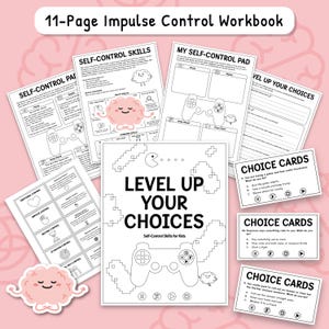 May include: A collection of white workbooks and choice cards with the title "11-Page Impulse Control Workbook". The central workbook cover reads "LEVEL UP YOUR CHOICES" with a video game controller graphic. Other pages include self-control skills and pads.