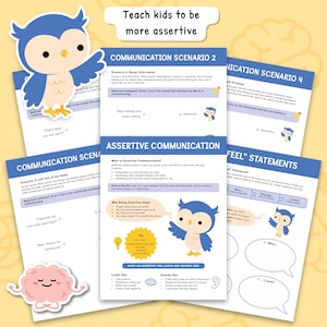 Könnte beinhalten: Lehrmaterialien zur Vermittlung von Durchsetzungsfähigkeiten an Kinder. Das Bild zeigt Arbeitsblätter mit Szenarien, eine Eulenfigur und den Text "Teach kids to be more assertive."
