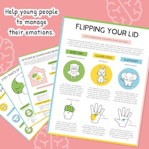 May include: A set of educational posters with illustrations and text about the brain. The main poster, "Flipping Your Lid", uses hand gestures to explain brain function. Other posters explain brain parts with diagrams.