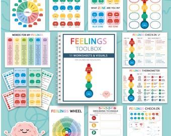 Feelings printable set for kids, coping skills, emotions check-in worksheets, calm corner, zones of regulation, grounding technique 0007