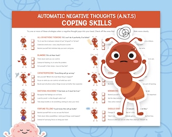 ANTs Automatic Negative Thoughts Coping Checklist, Kids Thinking Errors, Cognitive Distortions, Anxiety Coping Skills, CBT Handouts 0043