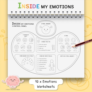 May include: A spiral-bound worksheet titled "Inside My Emotions" with a control panel design. The worksheet includes sections for identifying feelings, managing anger, and understanding body sensations. A pencil rests on the page.