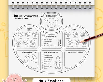 Può includere: Un quaderno a spirale intitolato "Inside My Emotions" con un design a pannello di controllo. Il foglio di lavoro include sezioni per identificare i sentimenti, gestire la rabbia e comprendere le sensazioni corporee. Una matita è appoggiata sulla pagina.
