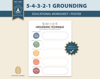 54321 grounding worksheet, 54321 grounding technique, 5 senses mindfulness exercise, mental health, CBT therapy counsellor office decor 0013