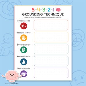 54321 grounding worksheet, 54321 grounding technique, 5 senses mindfulness exercise, mental health, CBT therapy counsellor office decor 0013