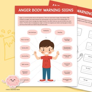 Könnte beinhalten: Eine farbenfrohe Infografik mit einem Comic-Jungen, der die Warnzeichen des Körpers bei Wut zeigt. Die Infografik listet körperliche Symptome wie Schwitzen, Kopfschmerzen, geballte Fäuste und einen schnelleren Herzschlag auf. Der Text lautet: "Ärger ist eine normale Emotion, die wir alle erleben. Es gibt viele Grade von Ärger, von leichter Irritation bis hin zu Wut. Dein Körper kann dir Warnzeichen geben, um dich wissen zu lassen, ob du wütend bist. Es ist wichtig zu lernen, wie man mit Ärger umgeht, da er sich auf das auswirken kann, was du sagst und tust, bevor du es überhaupt merkst. Der erste Schritt, um mit Ärger umzugehen, ist zu lernen, die Warnzeichen deines Körpers zu erkennen, da diese dich wissen lassen können, wann du aufhören und dich beruhigen musst."