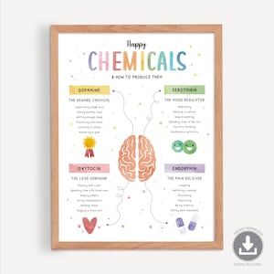 Happy Chemicals Poster, Mental Health Poster, Neurotransmitters, Dopamine, Oxytocin, Endorphins, Serotonin, Therapy Office Decor 0027