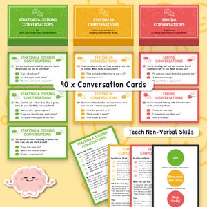 May include: A set of 90 conversation cards with text in English, designed to teach non-verbal skills. The cards are color-coded with green, yellow, and red, and feature phrases for starting, staying in, and ending conversations.