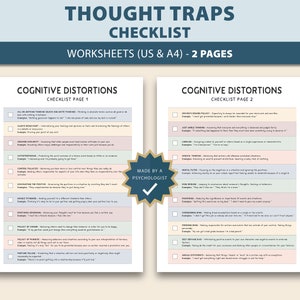 Op de afbeelding: Een tweezijdig checklist-werkblad met een roze en blauwe kleurschema. De checklist heeft de titel "Gedachteval Checklist" en bevat een lijst met "Cognitieve Verstoringen" met voorbeelden voor elk. De checklist is gemaakt door een psycholoog.