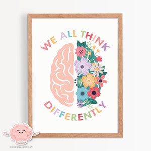 Póster sobre la neurodiversidad cerebral, todos pensamos de manera diferente, neurodivergente, decoración de la oficina del consejero, consultorio de terapia, terapeuta (PDF, JPEG, 0002)