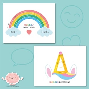 May include: Two printable breathing exercises for kids. The first is called "Rainbow Breathing" and features a rainbow arch with arrows showing the direction of breath. The second is called "Unicorn Breathing" and features a unicorn horn with arrows showing the direction of breath.